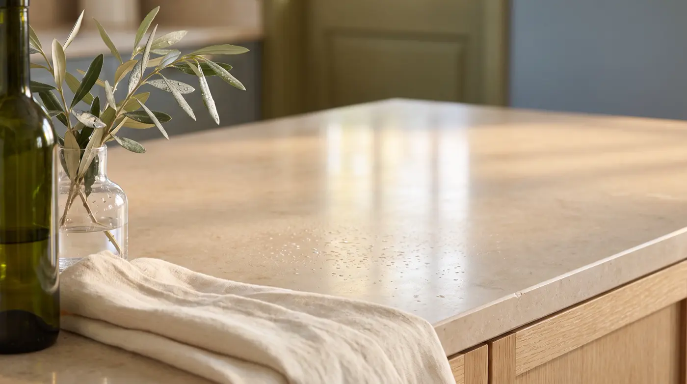 A spotless limestone countertop with folded linen and an olive branch in a glass vase